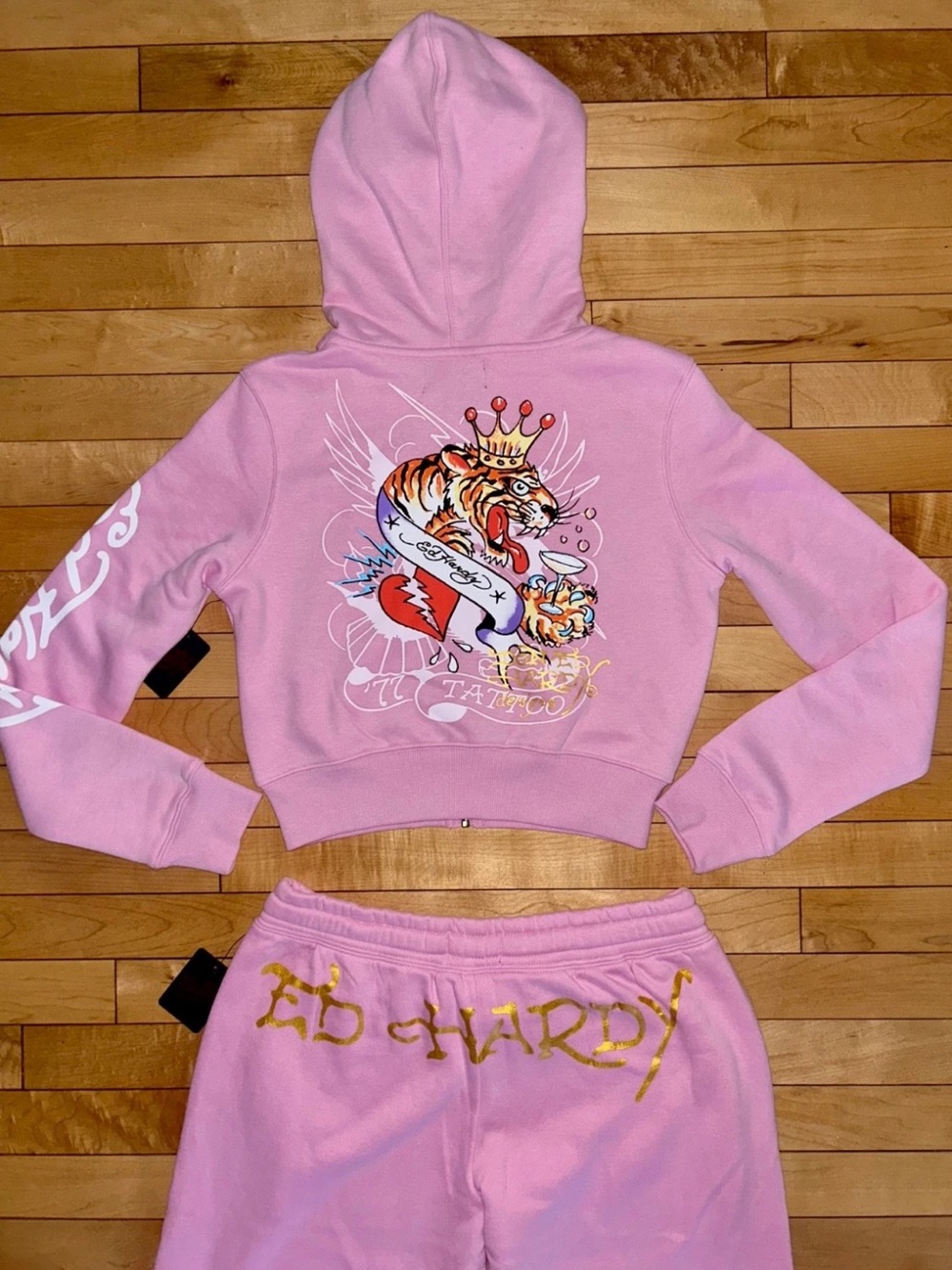 NEW! ED HARDY Tiger Crown Logo Hoodie & Pants Set in Bubblegum Pink Size M